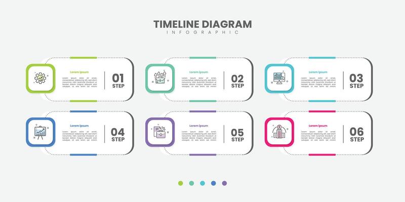Business infographic template. 6 Step timeline journey. Process diagram, 6 options box geometric on white background
