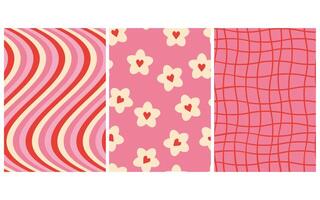 Set of pink seamless retro patterns. Waves, flowers, daisies, checkered pattern vector