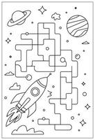 Outline maze game for children. Contour Labyrinth puzzle for kids. Help the space rocket find way to planet Earth. Task for preschool and school education. Coloring page with cartoon spaceship. vector