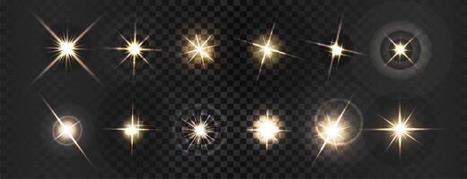Collection of different light effects, Realistic flares, Creative illustration of light effect, Flash, ray, Glowing effects, lens, bright, Abstract shimmering elements, Sparkle glares vector