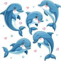 Set of cute dolphins in cartoon style. Five dolphins in different poses and with different characters. vector