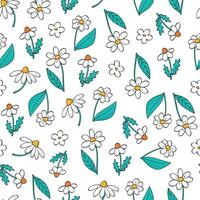 Camomiles, daisy flowers seamless pattern with doodles for wallpaper, scrapbooking, stationery, wrapping paper, textile prints, backgrounds, etc. Spring theme. EPS 10 vector
