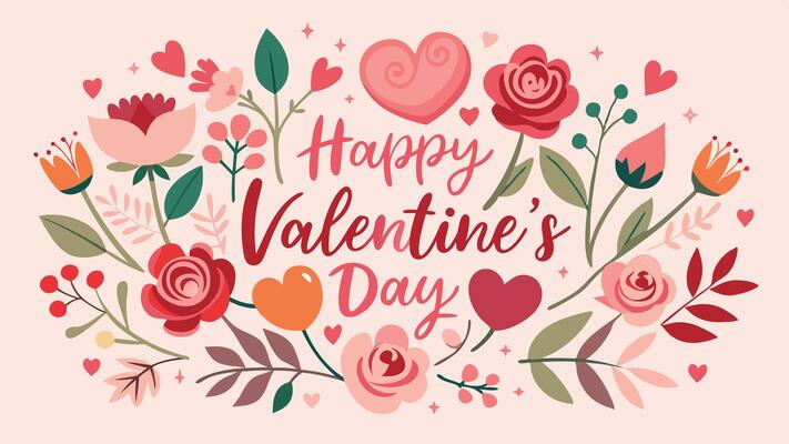 Floral Valentines Day Banner with Elegant Happy Valentine Day Text and Romantic Botanical Decorations