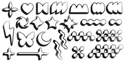 Bitmap pattern abstract shapes. Stars halftone gradient elements on dark background. Y2k graphic abstract icons. Dither noisy grunge texture. vector
