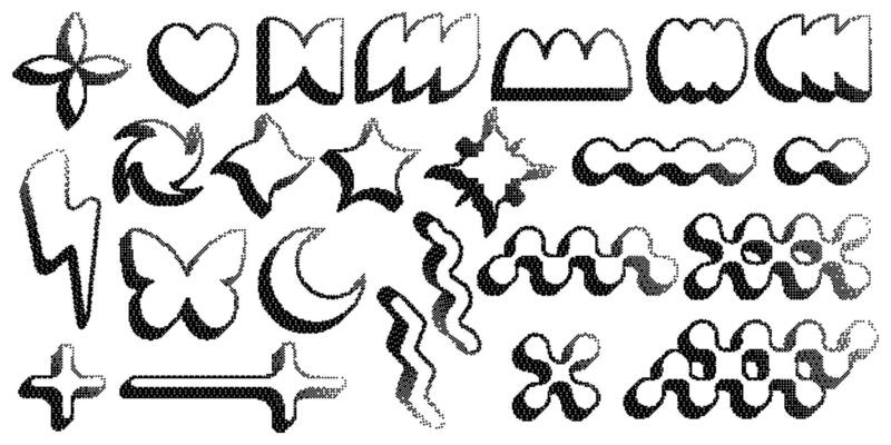 Bitmap pattern abstract shapes. Stars halftone gradient elements on dark background. Y2k graphic abstract icons. Dither noisy grunge texture.