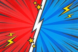 Comic book background. Cartoon pop art retro starburst graphic with blast. Vs blue and red template. Versus bright poster with abstract halftone effect. Compare manga banner with speed lines vector
