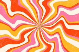 Retro groovy spiral background. Swirl sunburst pattern with grainy texture. Wavy radial sunrays bg. Strawberry pink and orange psychedelic stripes. 70s funky vortex disco style illustration vector