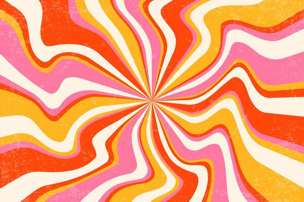 Retro groovy spiral background. Swirl sunburst pattern with grainy texture. Wavy radial sunrays bg. Strawberry pink and orange psychedelic stripes. 70s funky vortex disco style illustration