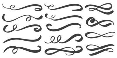 Swirl lines. Swash and flourish underlines. Hand drawn swish and swooshes. Calligraphic elegant vintage curved squiggles. Doodle fancy dividers on white background. vector