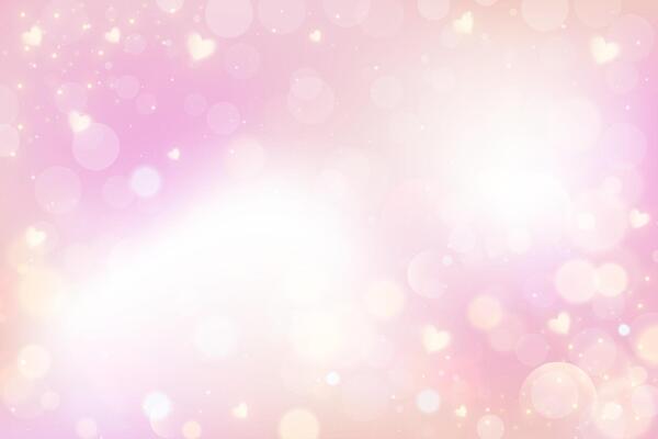 Lovely pink background with hearts and bokeh. Abstract pastel Valentine blurred wallpaper. Cute romantic sky with light glitter and sparkles. Girly fairy fantasy backdrop.