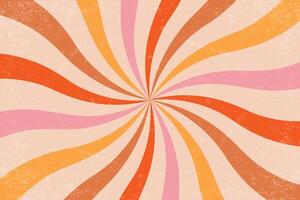 Retro spiral pattern with groovy sun beams. Radial swirl rays with grunge texture. Vintage abstract 70s design with vortex stripes. Summer backdrop with curved concentric lines vector