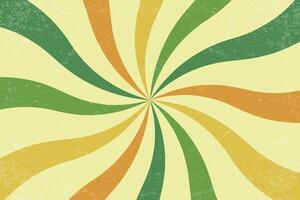 Retro background. Spiral sunburst pattern with wavy stripes in green yellow and orange. Vintage psychedelic groovy 70s carnival bg. Textured abstract radial vortex vector