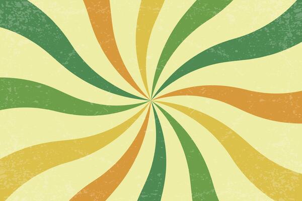 Retro background. Spiral sunburst pattern with wavy stripes in green yellow and orange. Vintage psychedelic groovy 70s carnival bg. Textured abstract radial vortex