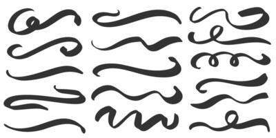 Swirl lines. Swashes and flourish underlines. Hand drawn calligraphic elegant swooshes. Curve vintage brush strokes. Squiggle scrolling elements. Simple doodle wavy shapes vector