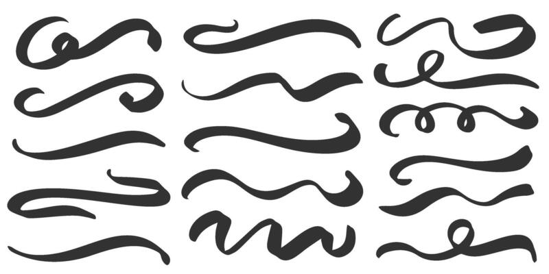 Swirl lines. Swashes and flourish underlines. Hand drawn calligraphic elegant swooshes. Curve vintage brush strokes. Squiggle scrolling elements. Simple doodle wavy shapes