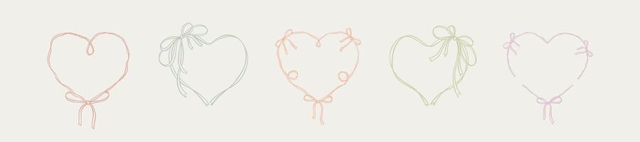 Set of cute aesthetic boho heart ribbon frames with tied bows. French style decoration. Modern minimalist girly design elements. Coquette and flirtatious drawing. Wavy irregular shape vector