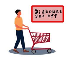man pushing a shopping cart with a discount sign reading 50 percent Off in the background. Ideal for promotions sales, and retail marketing concepts vector
