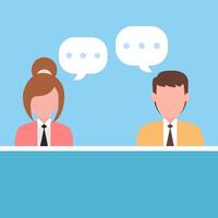Professional conversation - Two business people man and woman half body talking and having dialogue at work with speech bubbles. Flat design illustration vector