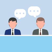 Professional conversation - Two business people man and man talking and having dialogue at work with speech bubbles. Flat design illustration vector