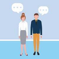 Professional conversation - Two business people man and woman talking and having dialogue at work with speech bubbles. Flat design illustration vector