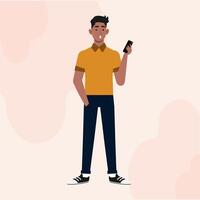 A Black Guy Flat Character Standing Holding A Smartphone, Front view vector