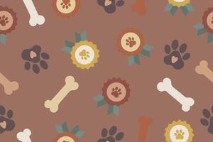 Seamless pattern with paw prints, medals and bone for champion dog. Pet contest winner prize among dogs and puppies. isolated on mocha mousse background. vector