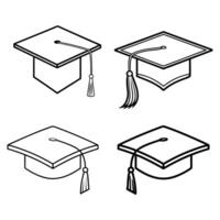 This image features four simple, black and white line art icons of graduation caps. art vector