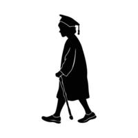 A simple, elegant silhouette of an elderly person in a graduation gown, walking with a walking cane. vector