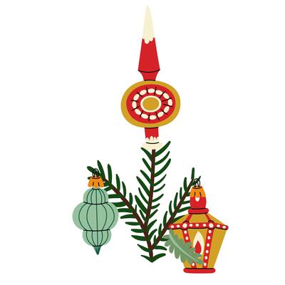 Christmas tree branch with retro Christmas balls. Soviet glass toys in flat style. Lantern, top, drop. Decor for Christmas, New Year and holidays. Hand-drawn isolated illustration on white background