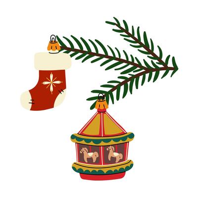 Christmas tree branch with retro Christmas balls. Soviet glass toys in flat style. Carousel, sock. Decor for Christmas, New Year and holidays. Hand-drawn isolated illustration on white background