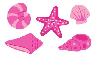 A set of flat seashells in pink colors. Oceanic exotic underwater seashell, aquatic clam, spiral snails. Tropical beach shells. Modern flat style, isolated on a white background. illustration vector