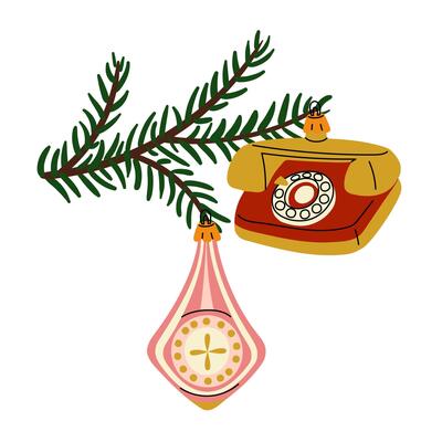 Christmas tree branch with retro Christmas balls. Soviet glass toys in flat style. Icicle, phone. Decor for Christmas, New Year and holidays. Hand-drawn isolated illustration on white background