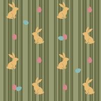Easter pattern with rabbits, Easter eggs and vertical stripes on a green background vector