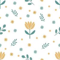 Seamless spring pattern with yellow tulips, daisies and green twigs on a white background vector