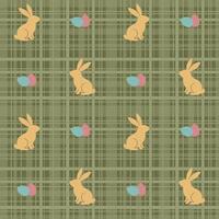 Easter graphic pattern with rabbits, Easter eggs on a green checkered background vector