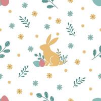 Seamless Easter pattern with bunny, Easter eggs, green twigs and flowers on white background vector
