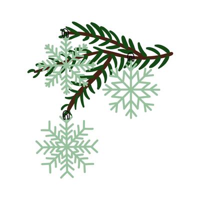 Christmas tree branch with retro Christmas balls. Soviet glass toys in flat style. Snowflakes. Decor for Christmas, New Year and holidays. Hand-drawn isolated illustration on white background