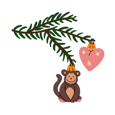 Christmas tree branch with retro Christmas balls. Soviet glass toys in flat style. Monkey, heart. Decor for Christmas, New Year and holidays. Hand-drawn isolated illustration on white background