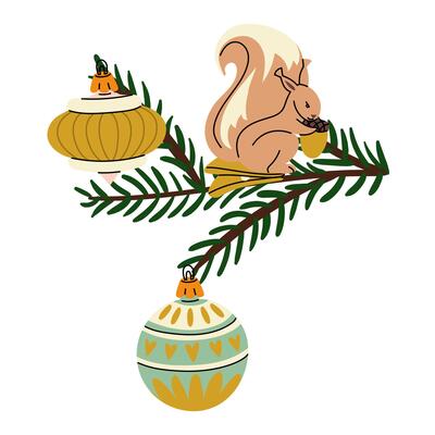 Christmas tree branch with retro Christmas balls. Soviet glass toys in flat style. Squirrel, ball, drop. Decor for Christmas, New Year and holidays. Hand-drawn isolated illustration on white