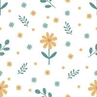 Seamless spring pattern with yellow chamomile, daisies and green twigs on a white background vector