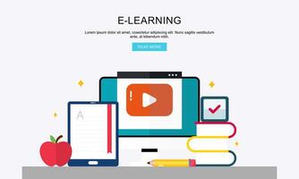 Flat Design Banner Concept for E-Learning and Online Education Isolated on White Background vector
