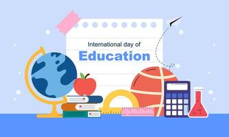 Flat Design Happy International Day of Education Poster Background with Globe, Apple, Basket Ball and Books vector