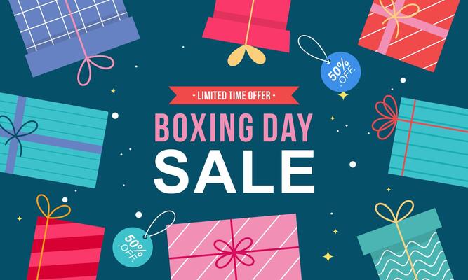 Gift Boxes with Ribbons and Gift Tags on Blue Background for Sale banner