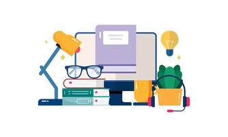 Online Learning Flat Design Illustration with Educational Tools for Education or Learning Template Concept with Computer, Headphones, Lamp and Books vector