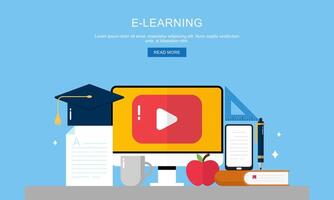 Flat Design Banner Concept for E-Learning and Online Education with Computer, Apple and Ruler vector