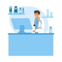 Pharmacist or doctor working at a desk with medicine bottles and a computer vector