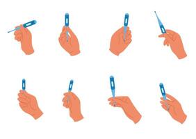 Set with hands hold electronic thermometer for accurate fever detection. Health checkup concept vector