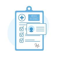 Medical insurance form on a clipboard, featuring checkboxes, personal information, and a healthcare concept vector