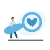 Man inspecting heart health with a large magnifying glass. Cardiology, wellness, and health checkup concept vector