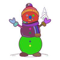 A cartoon snowman is standing in front of a white background. He is wearing a red hat, purple scarf, and a green bottom. He has two mittens on his hands. vector